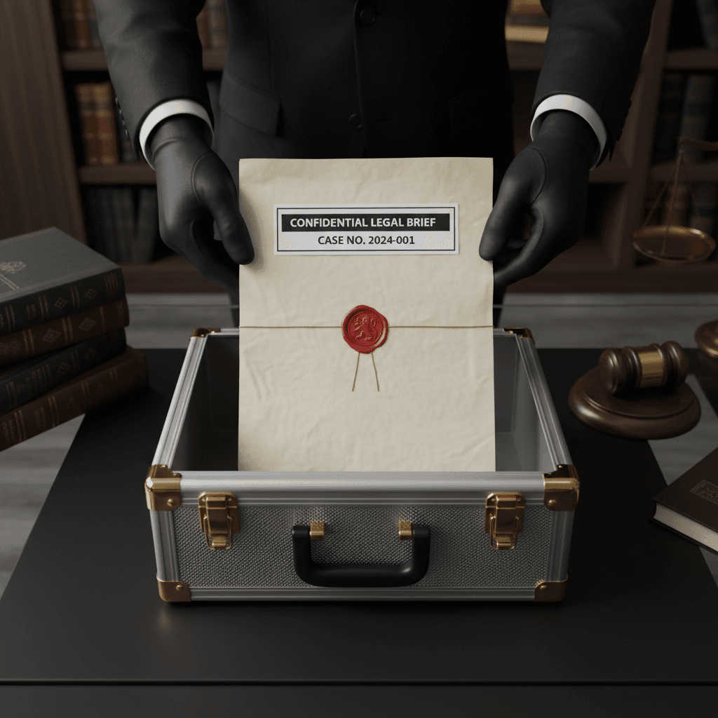 Courier securing legal documents in transport case