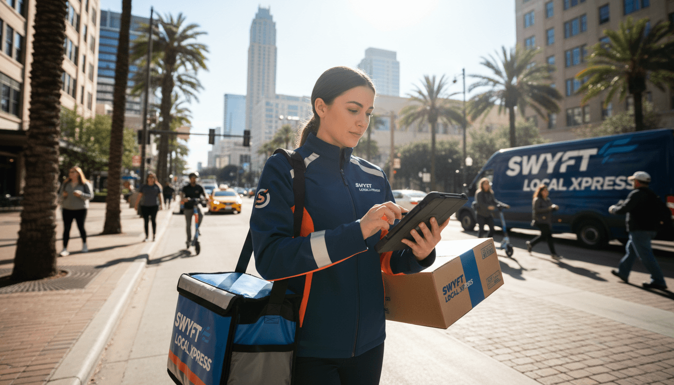SwyftLocalXpress courier delivering package in downtown Austin, wearing branded uniform