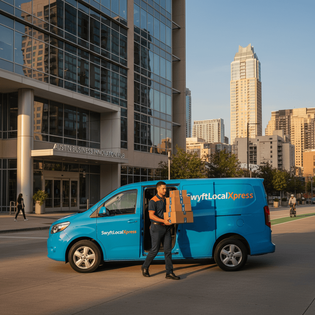 Courier making scheduled delivery at Austin business location