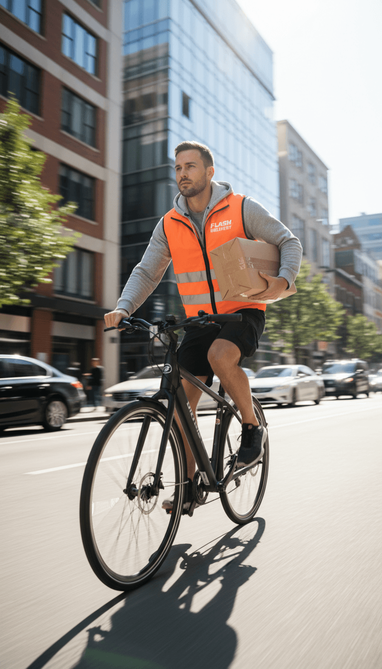 Courier rider in motion on urban street, holding secured package, wearing delivery vest, confident professional expression