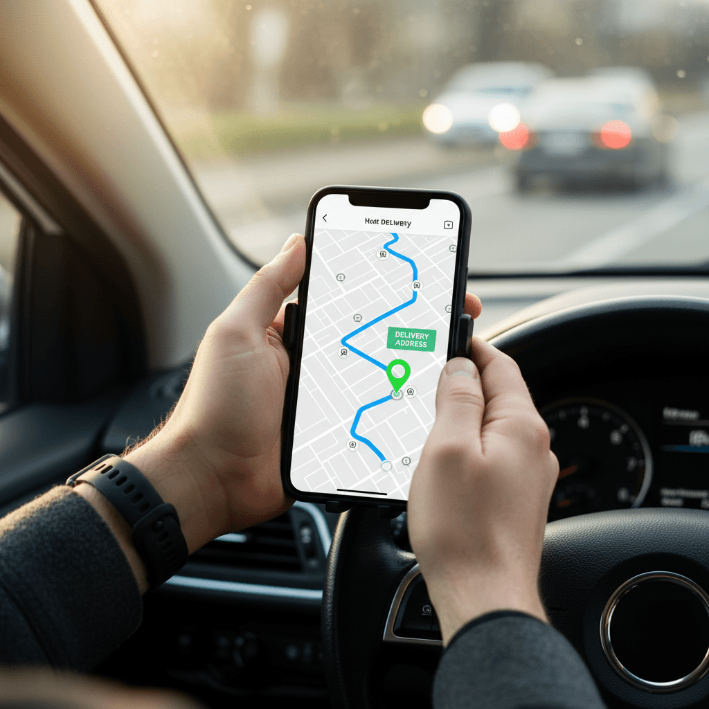 Driver's hands holding smartphone displaying real-time delivery tracking map with route highlighted in vehicle
