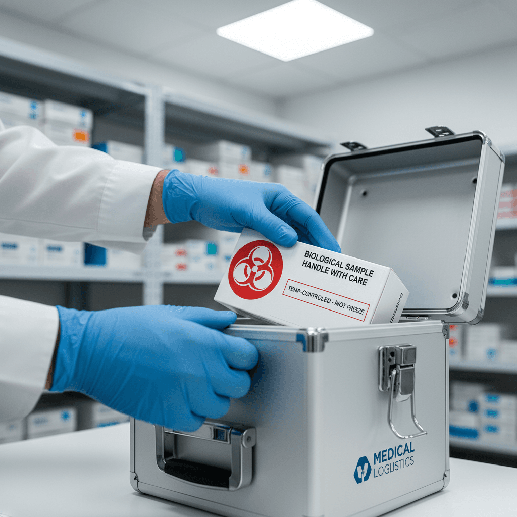 Courier placing medical package in temperature-controlled vehicle
