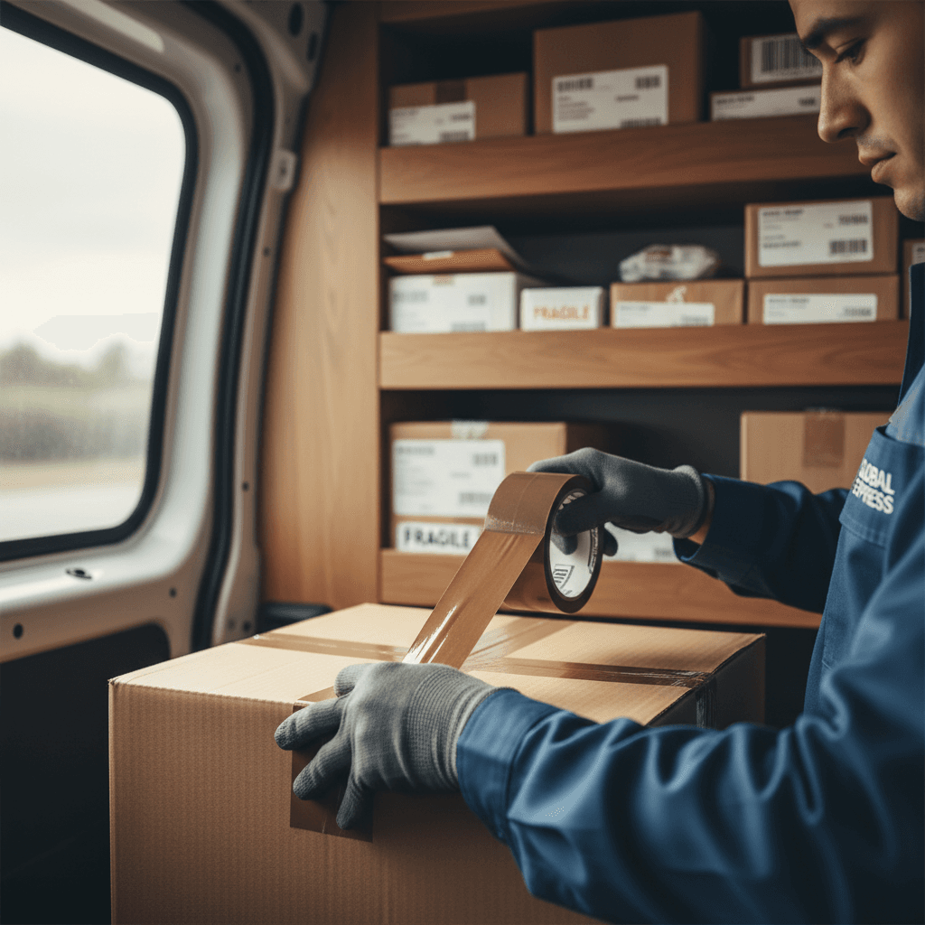Courier loading package into delivery vehicle