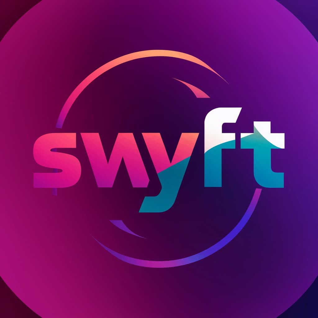 Swyft logo with pink and blue gradient text inside a glowing circle on purple background.